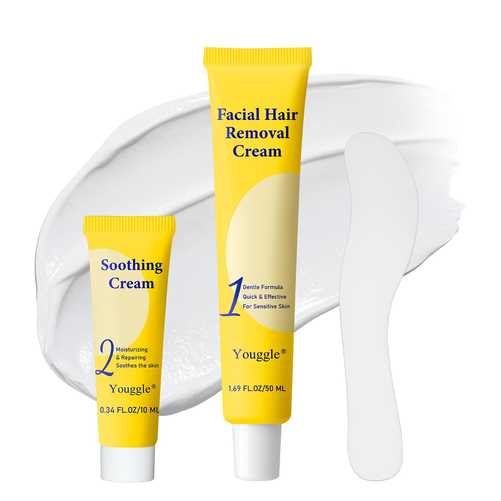 Youggle facial hair removal cream in use on the upper lip for quick, gentle smoothing.