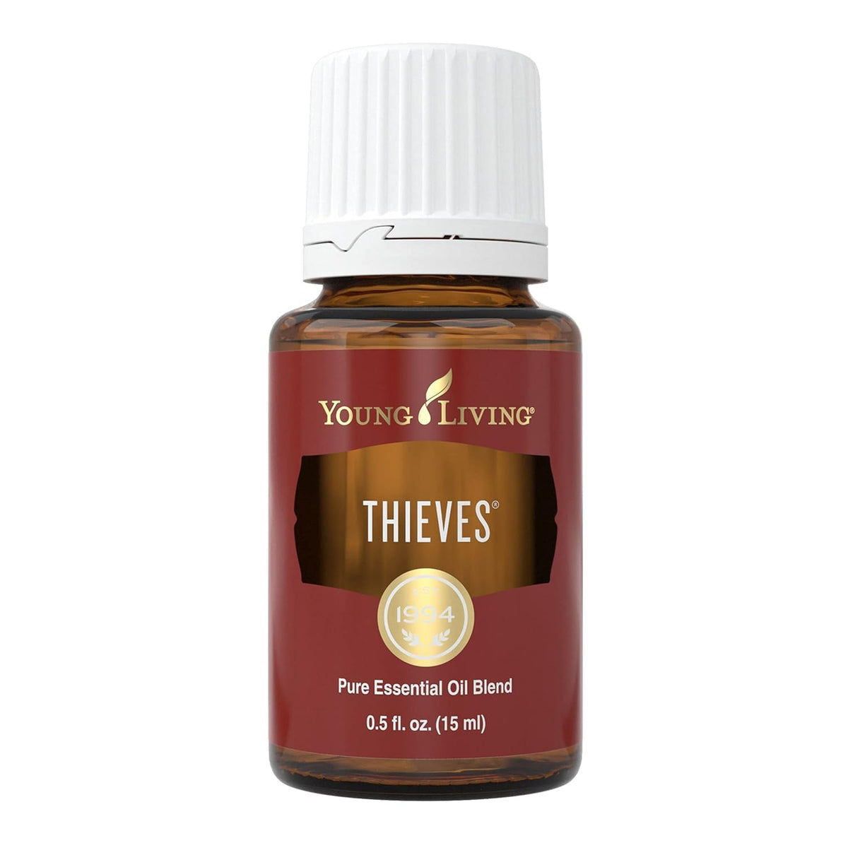 Young Living Thieves essential oil bottle close-up for a spicy, uplifting aroma.