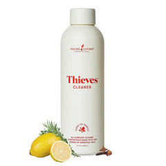 Young Living Thieves Cleaner bottle front shows a natural, plant-based cleaning solution for safe family use.