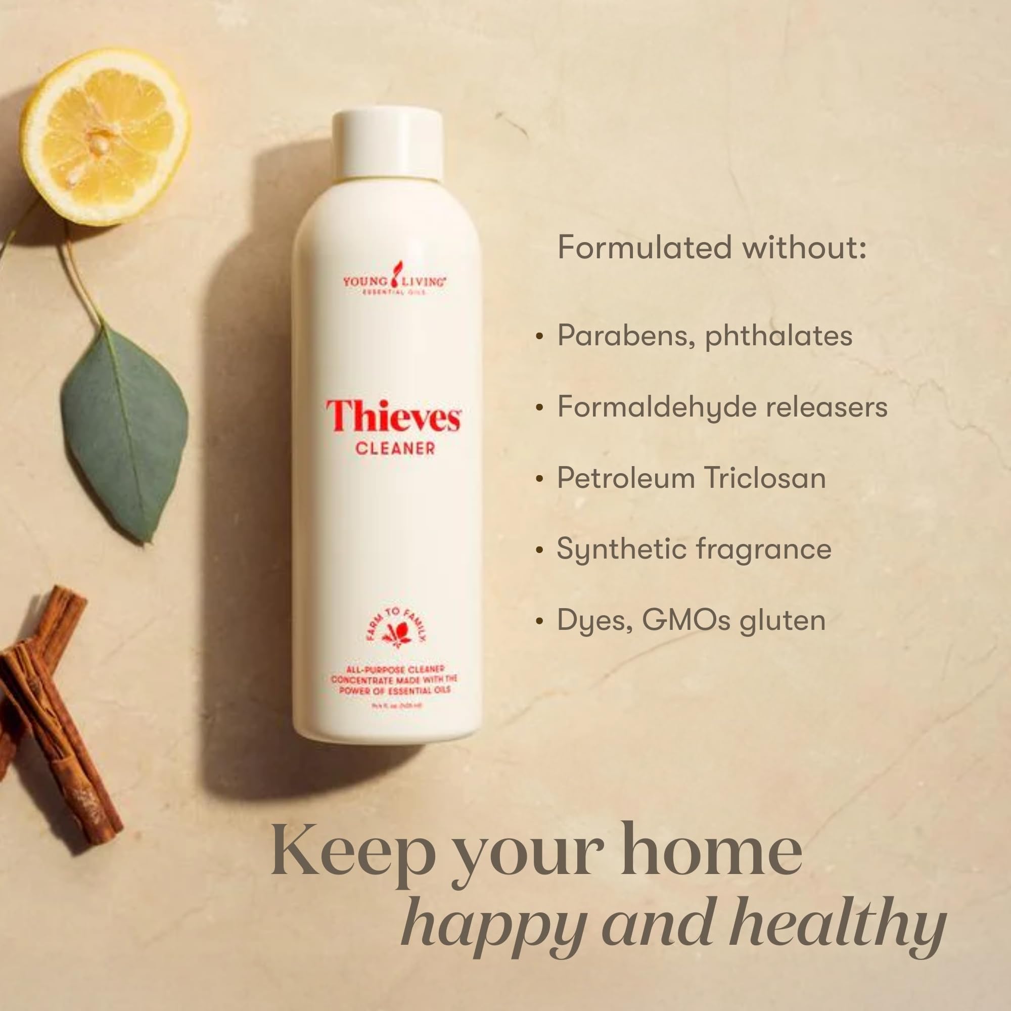 Young Living Thieves Cleaner works on floors, carpets, cabinets, and glass for daily cleaning.
