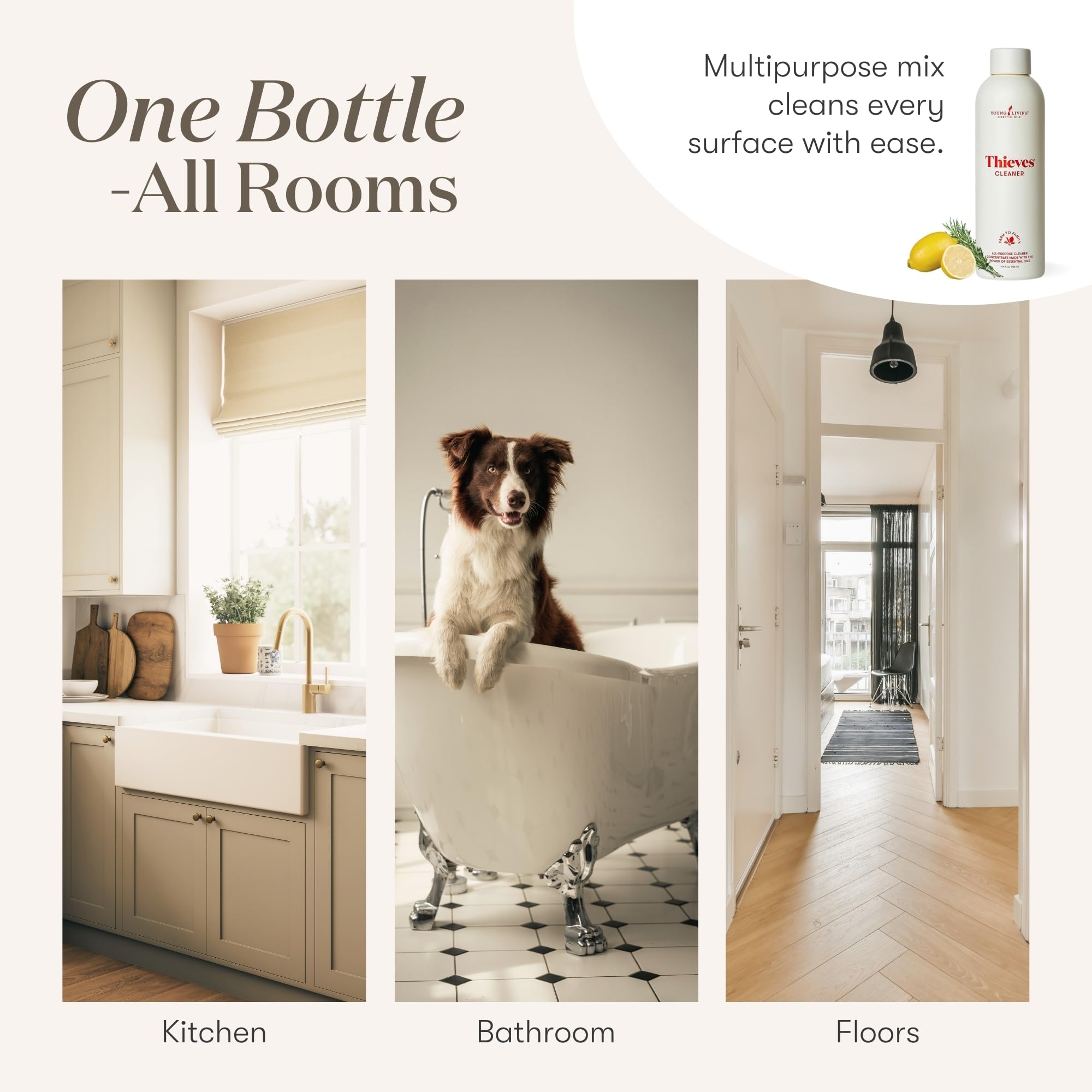 Young Living Thieves Cleaner in kitchen and bath scenes emphasizes family-friendly cleaning.