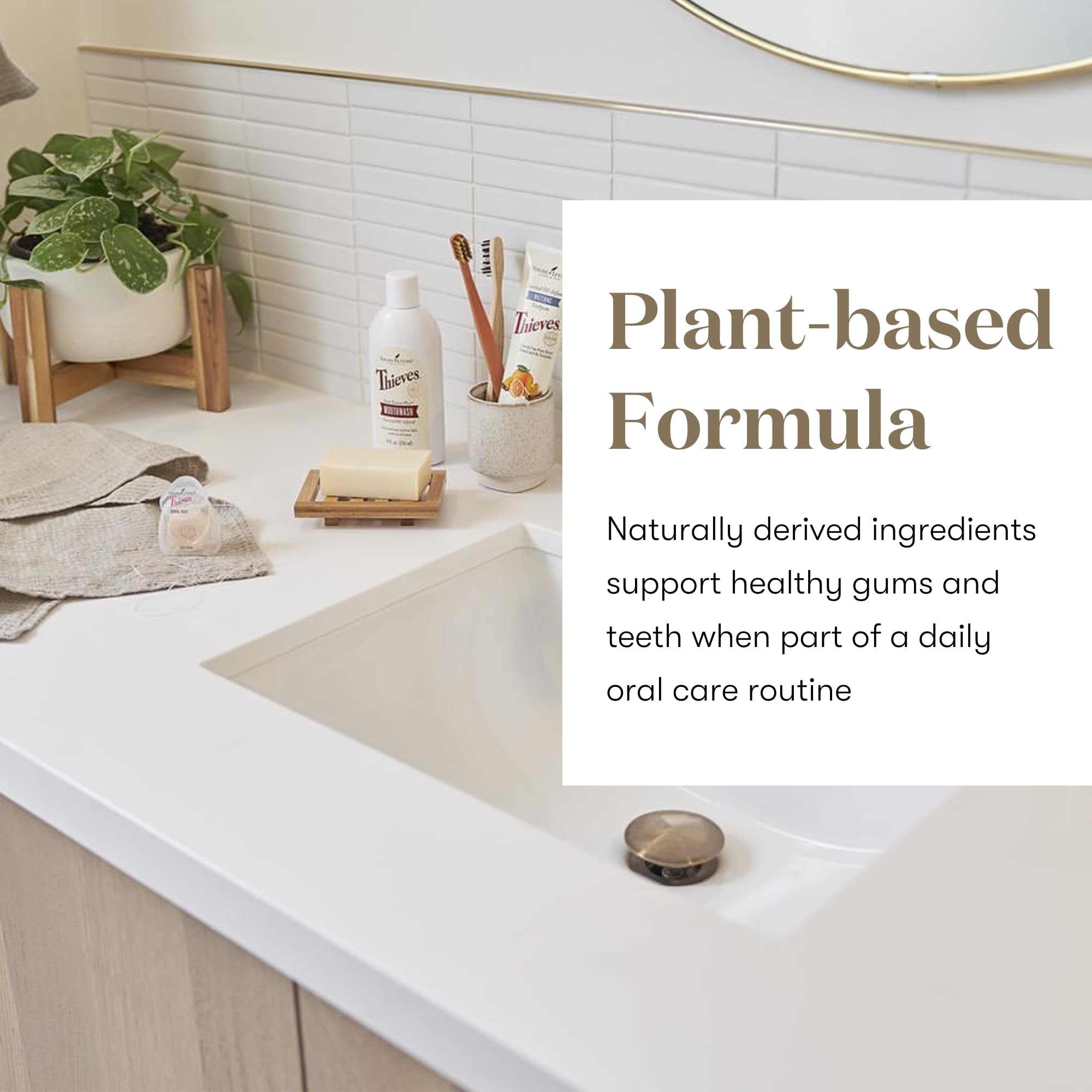 Amber bottle on counter signals gentle oral care routine.