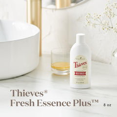 Young Living Thieves Fresh Essence pour shows alcohol-free dosing for convenience.