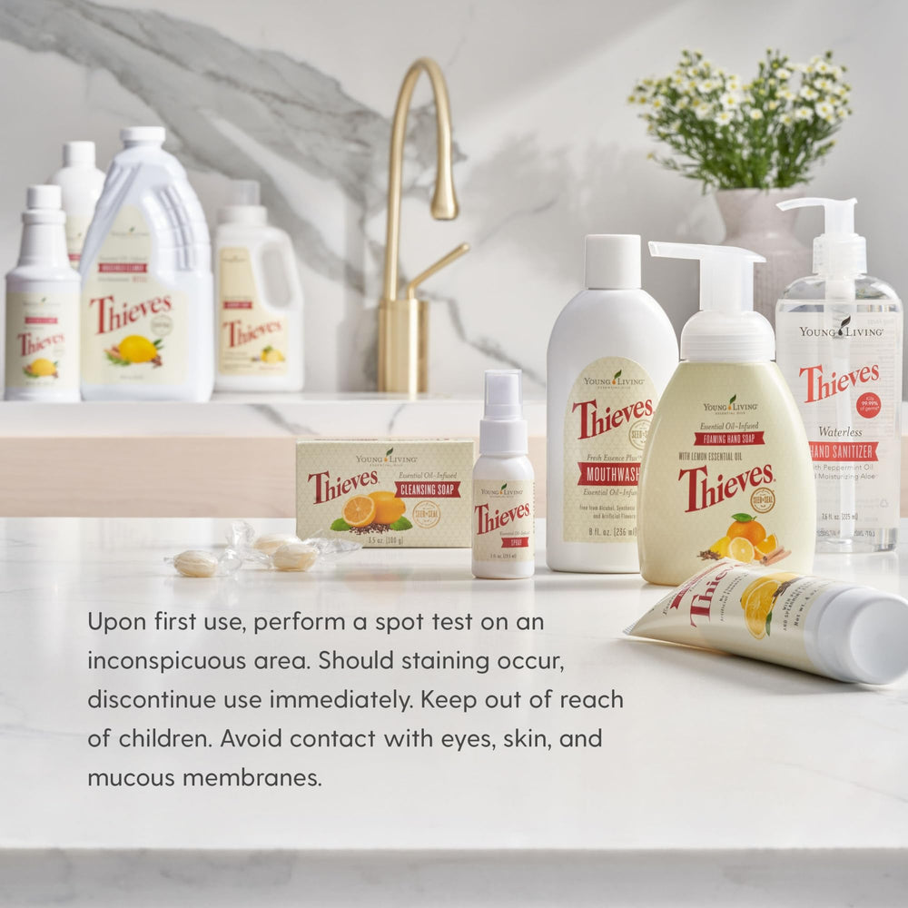 Thieves Fresh Essence bottle with splash evokes minty freshness and daily use.