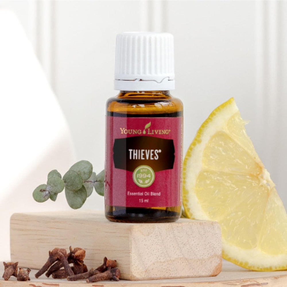 Young Living Thieves spice notes image emphasizing clove, eucalyptus, rosemary.
