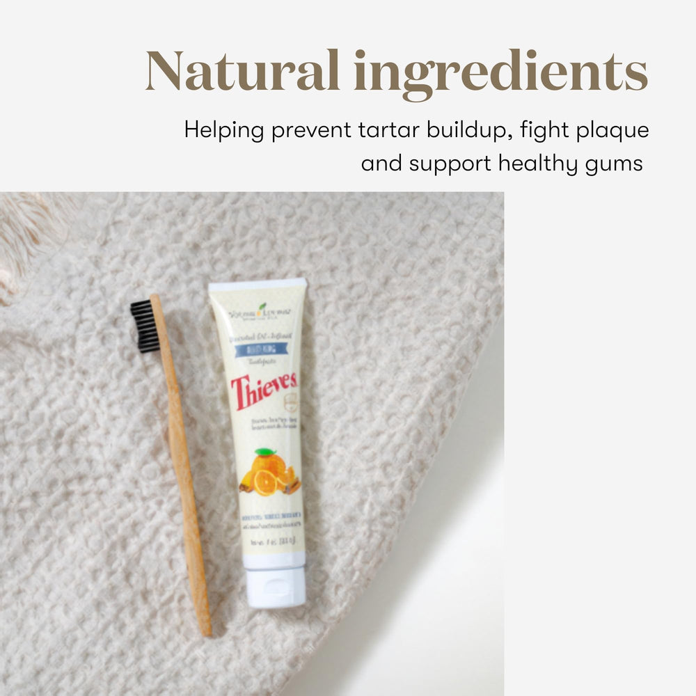 Young Living Thieves Whitening Toothpaste packaging showcases premium ingredients.