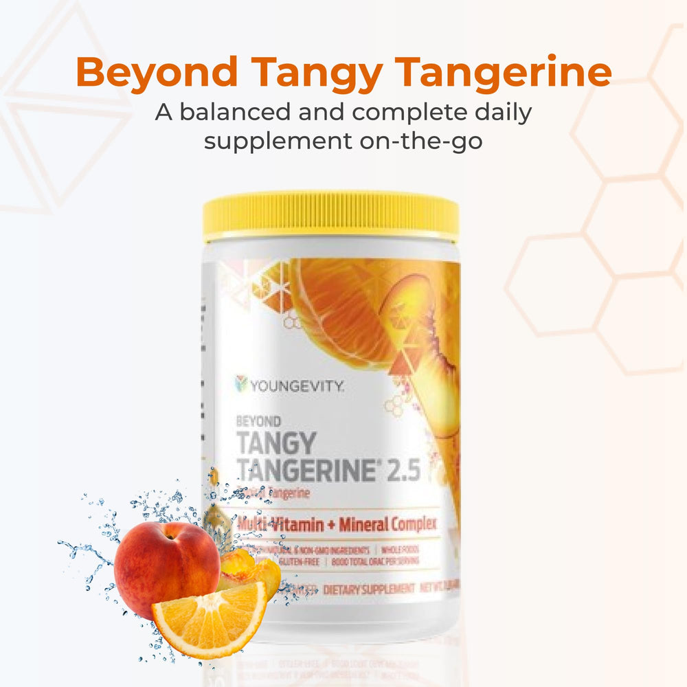 Closeup of label on Youngevity BTT2.5 tropical tangerine highlighting ingredients