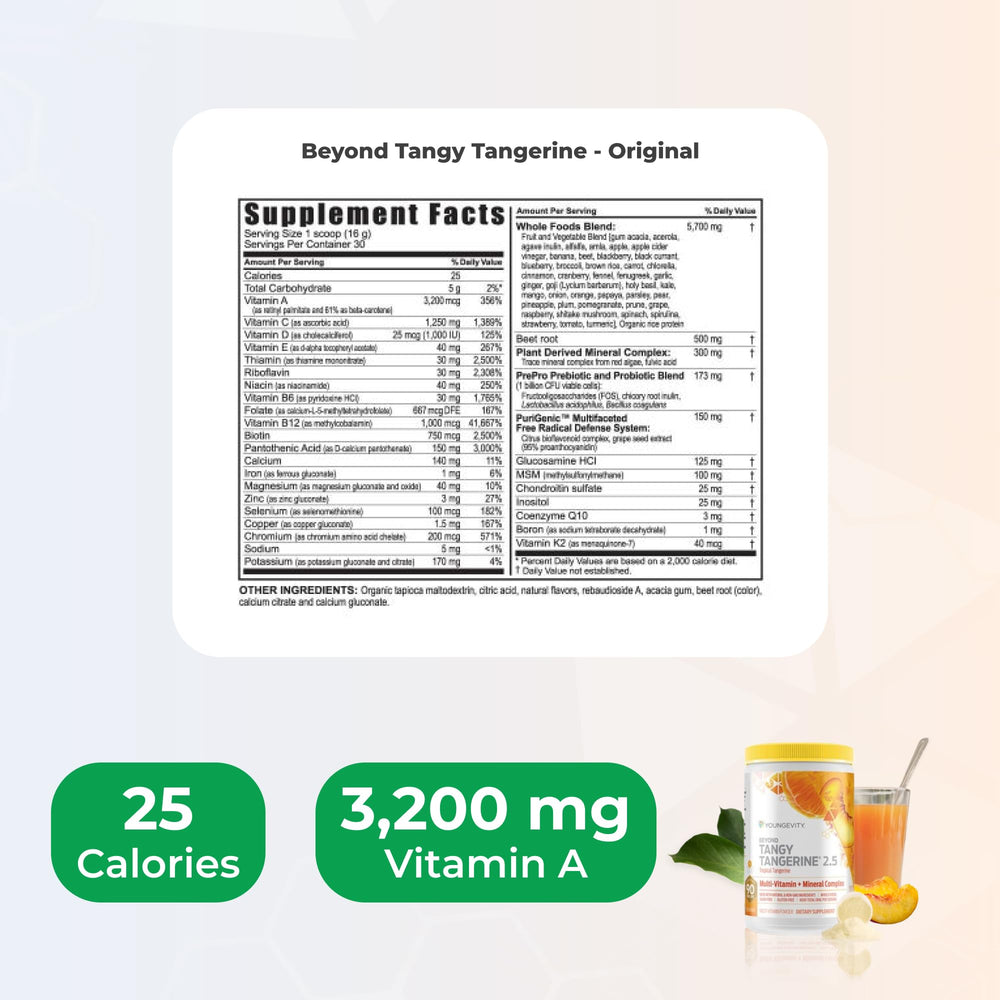 Powder being scooped from Youngevity Beyond Tangy Tangerine 2.5 container
