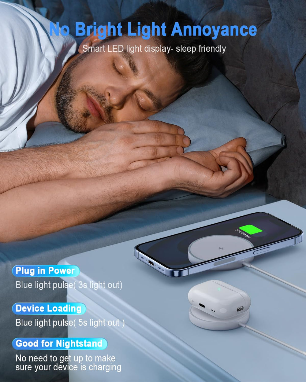 Nightstand setup with YoungGREEN charger and subtle blue LED status indicator.