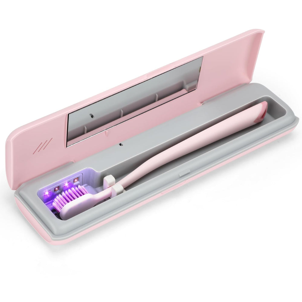 YourMate toothbrush sanitizer case in pink, closed, for on-the-go hygiene.