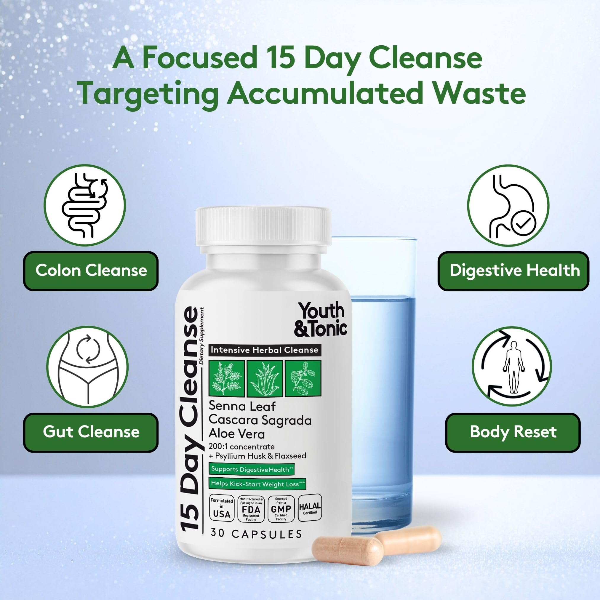 Youth & Tonic 15 Day Cleanse capsules ready for regularity and bloating relief.