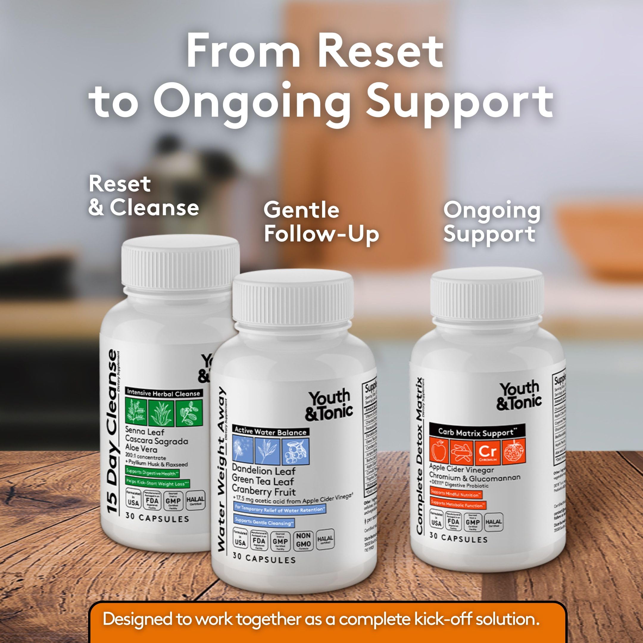 Youth & Tonic Detox Matrix bottles highlight metabolism and digestive balance ingredients