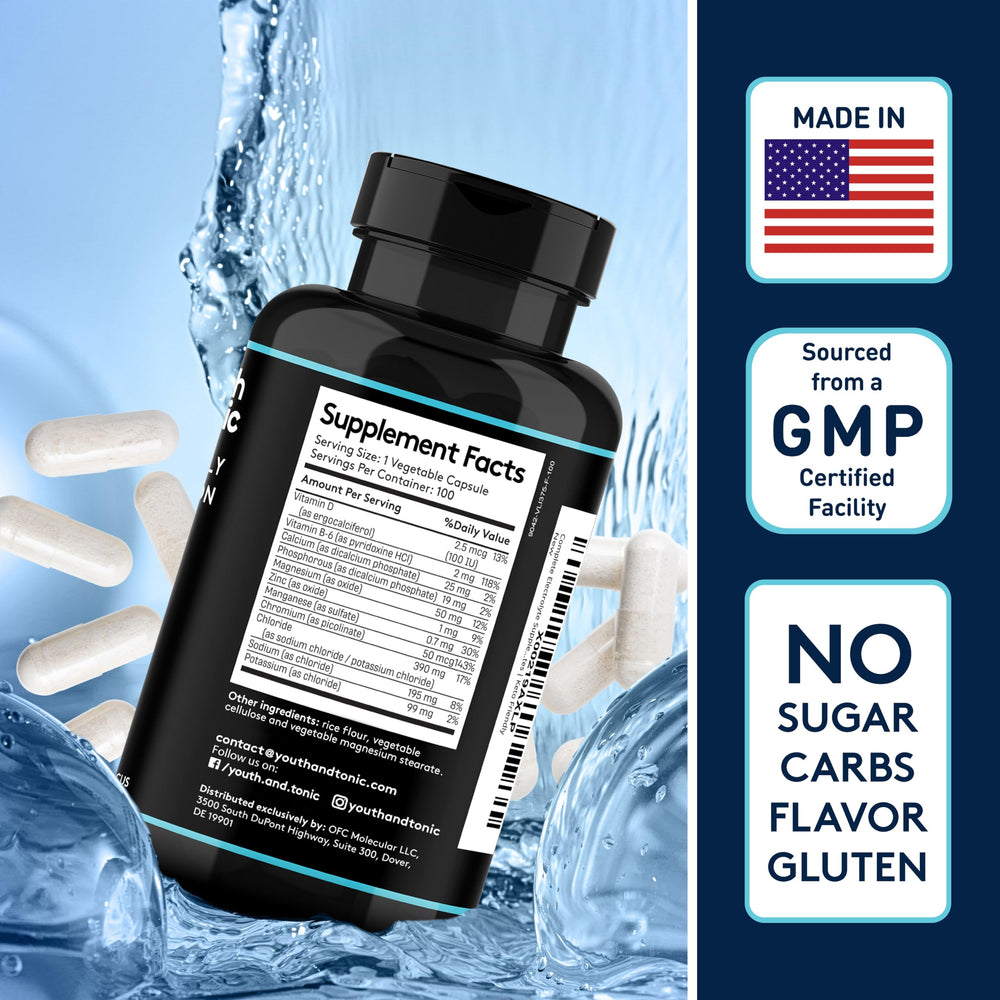 Youth & Tonic GMP facility logo on packaging signals quality.