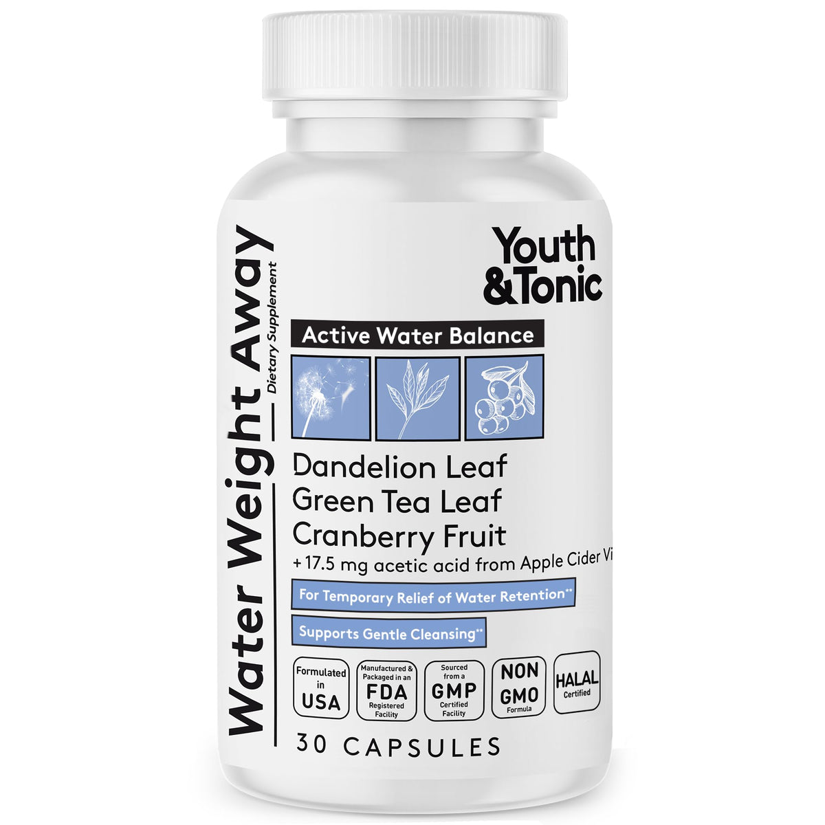 Youth & Tonic Water Away bottle with herbal diuretic formula for daily balance