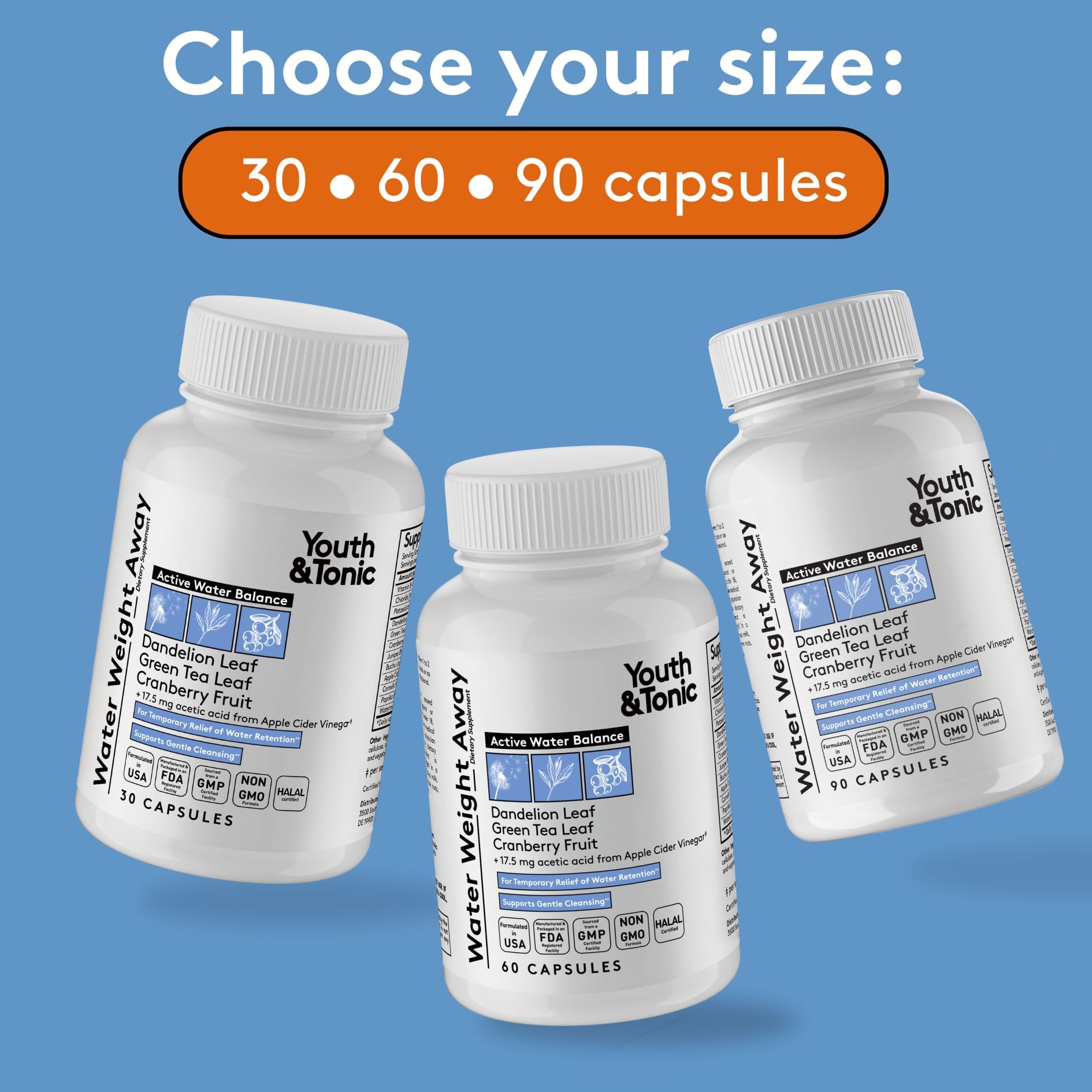 Youth & Tonic Water Away capsules closeup showing plant-based diuretic mix for daily use
