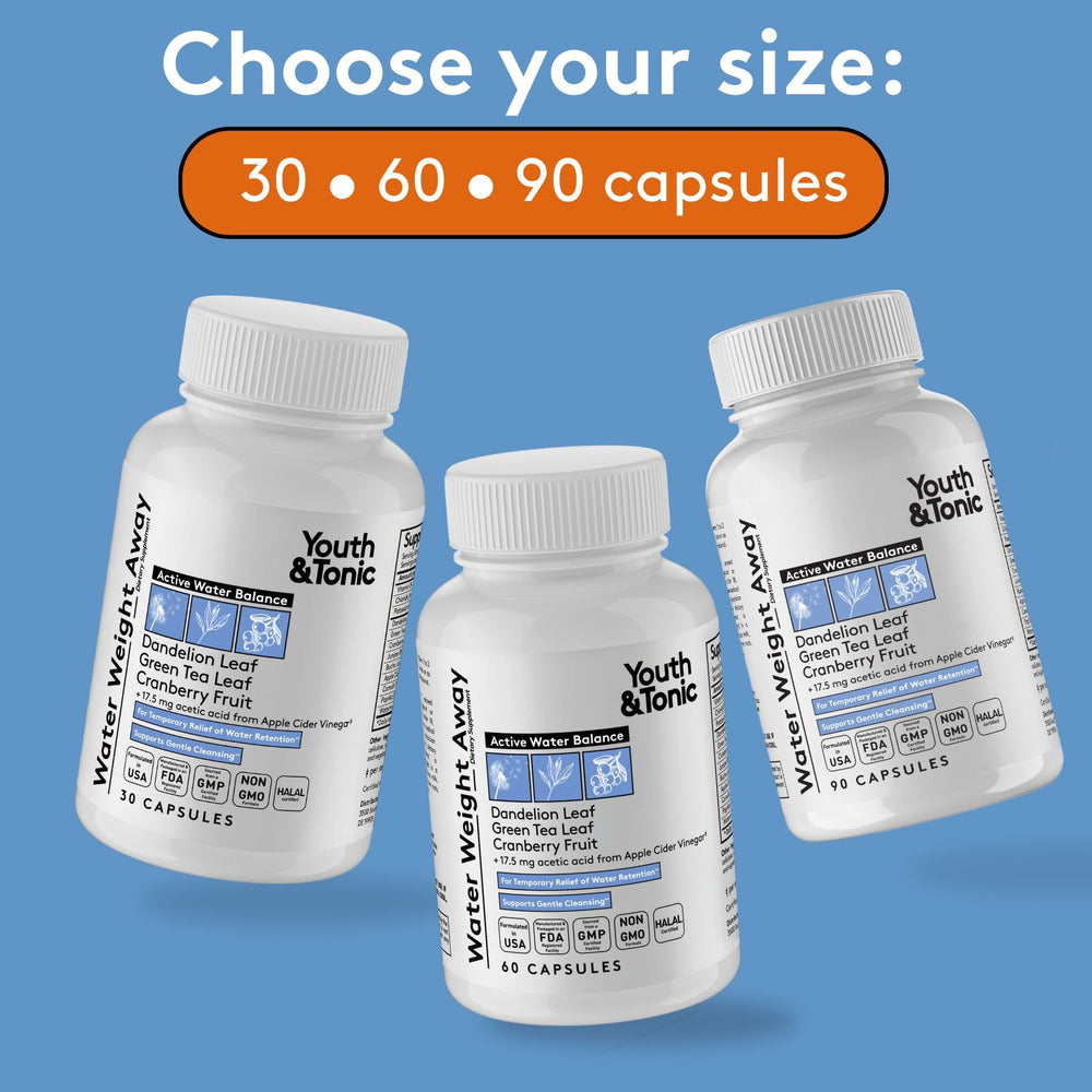 Youth & Tonic Water Away capsules closeup showing plant-based diuretic mix for daily use
