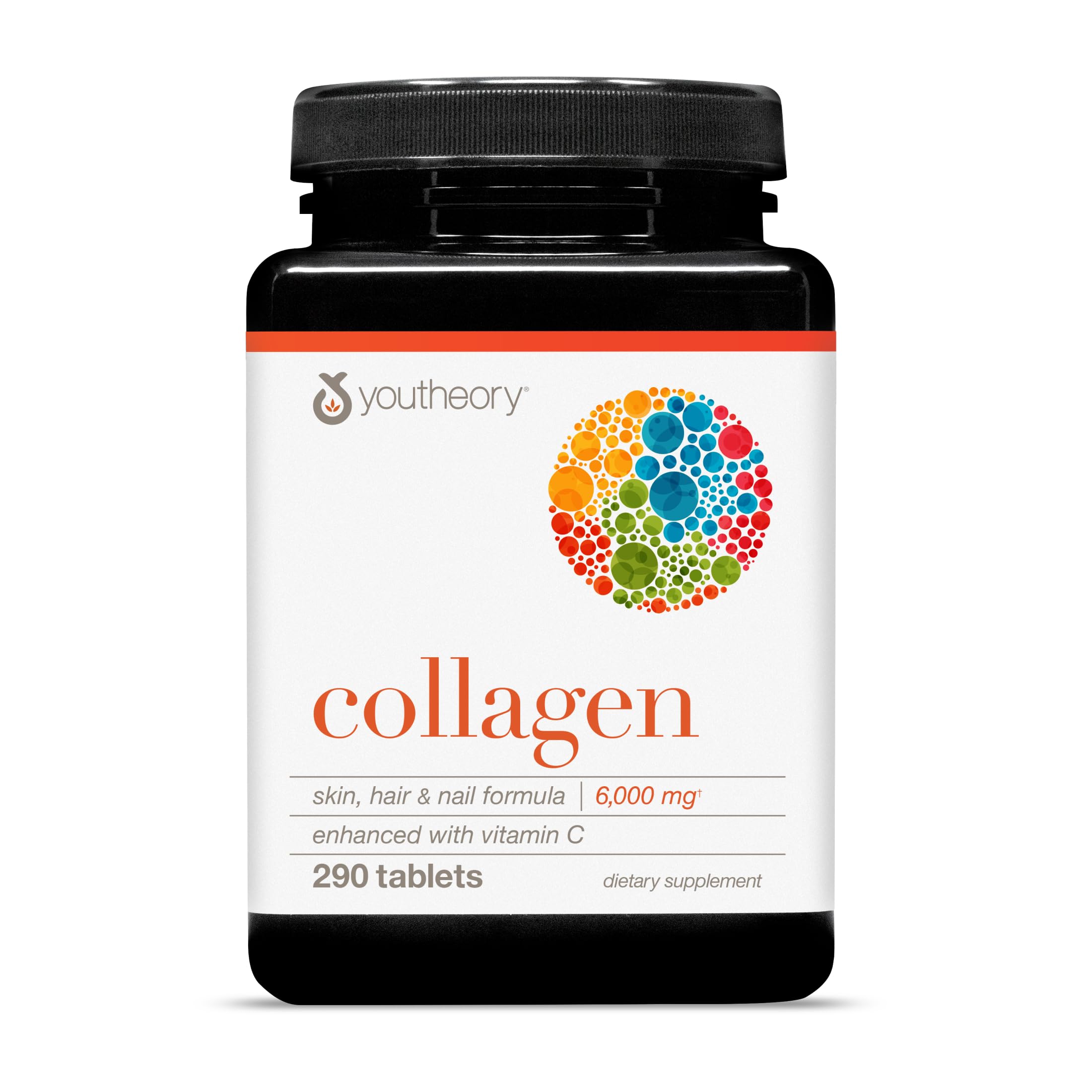 Youtheory Advanced Collagen bottle front shows 6,000 mg potency for joint and hair support.
