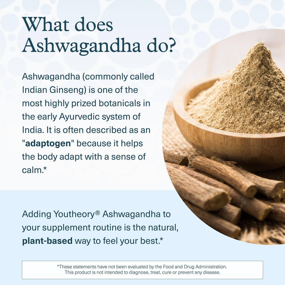 Youtheory Ashwagandha capsules close-up emphasizes vegetarian capsules for daily use.
