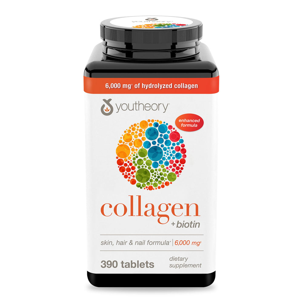 Youtheory Collagen Biotin bottle pour; convenient daily supplement for skin and hair.