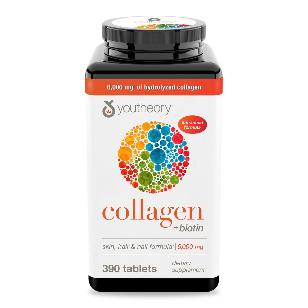 Youtheory Collagen Biotin bottle pour; convenient daily supplement for skin and hair.