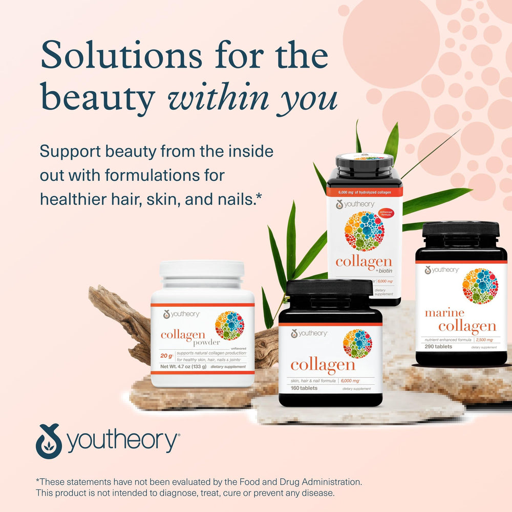 Youtheory Collagen Biotin daily-use setup; streamlines skincare and haircare routine.