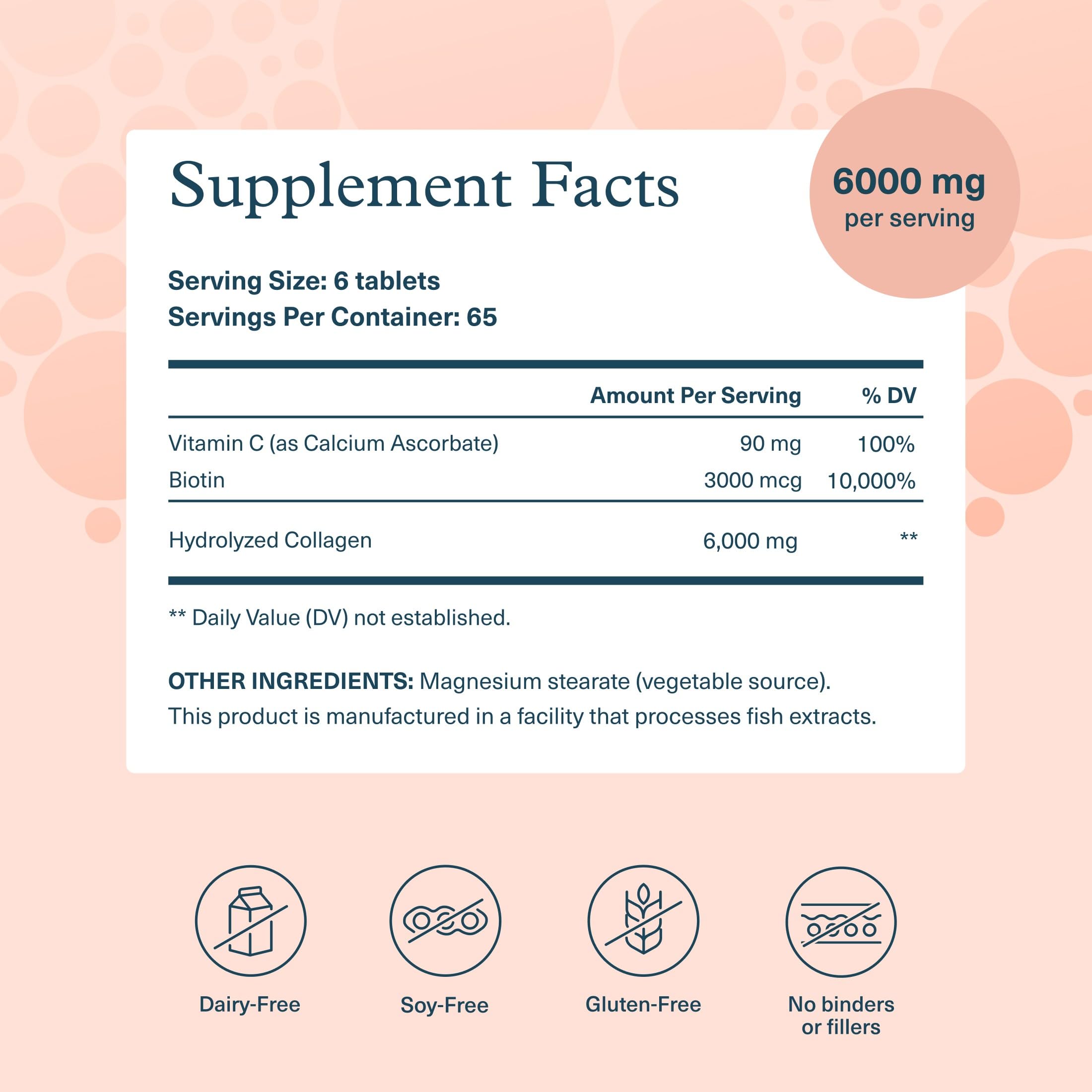 Youtheory Collagen Biotin tablets closeup; easy daily dose for hair, nails, skin.