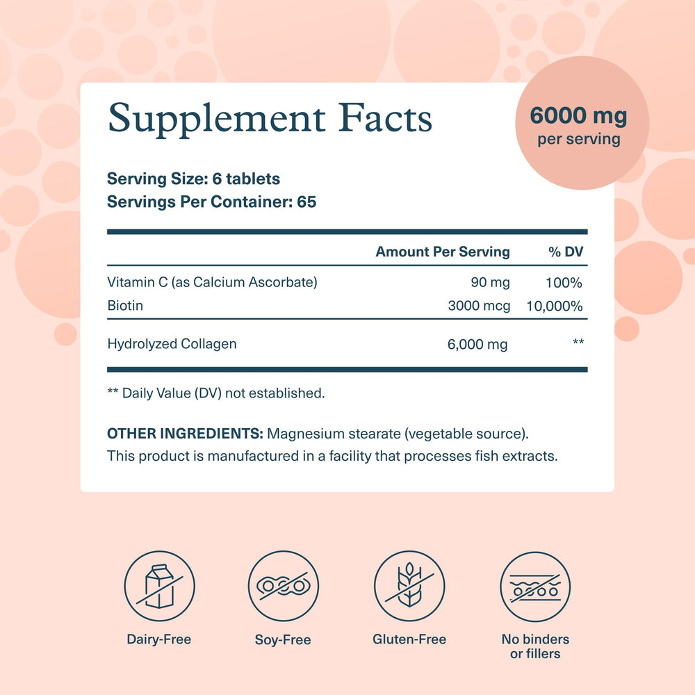 Youtheory Collagen Biotin tablets closeup; easy daily dose for hair, nails, skin.