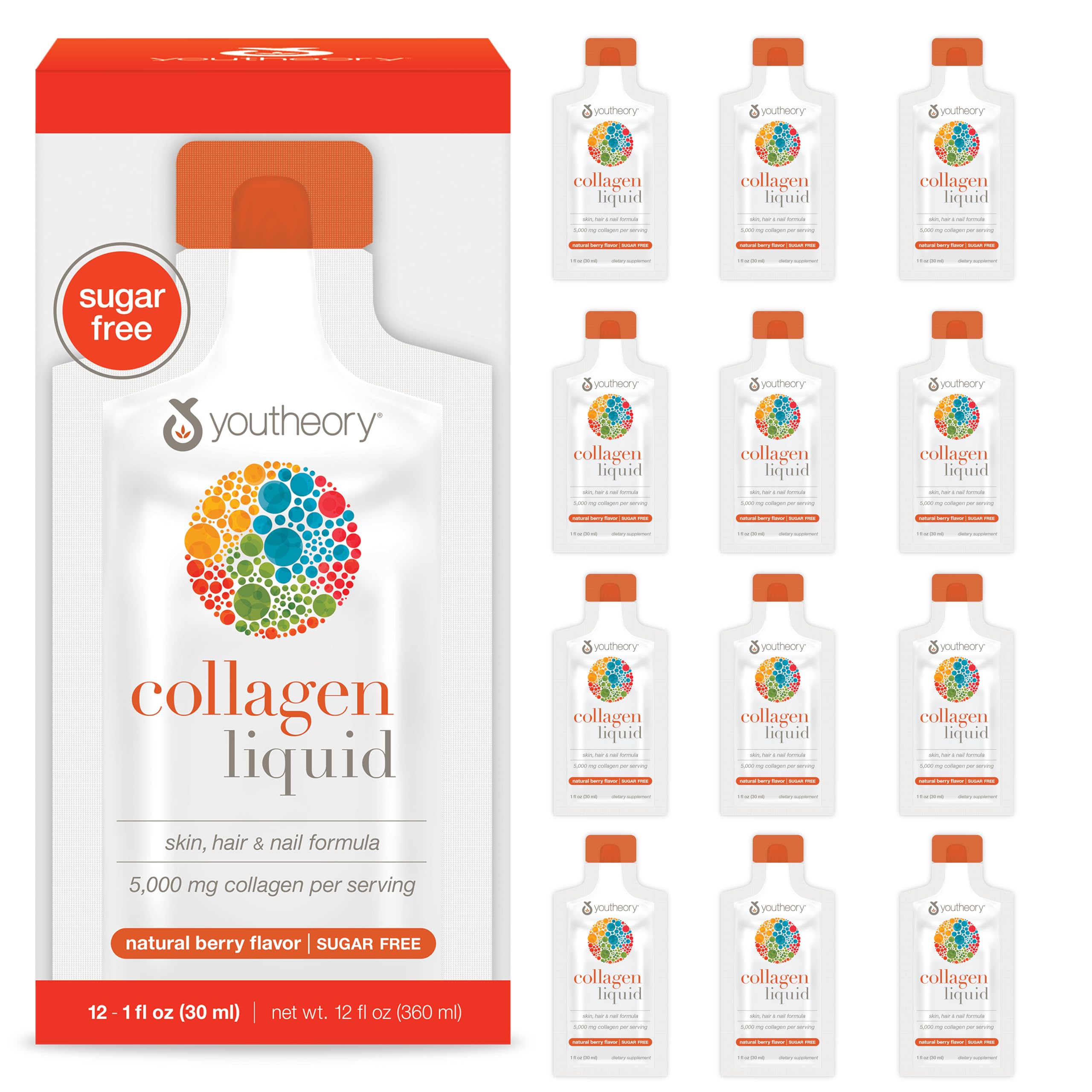 Youtheory Collagen Liquid Berry single-serve packet front view promotes convenient hair and nail support
