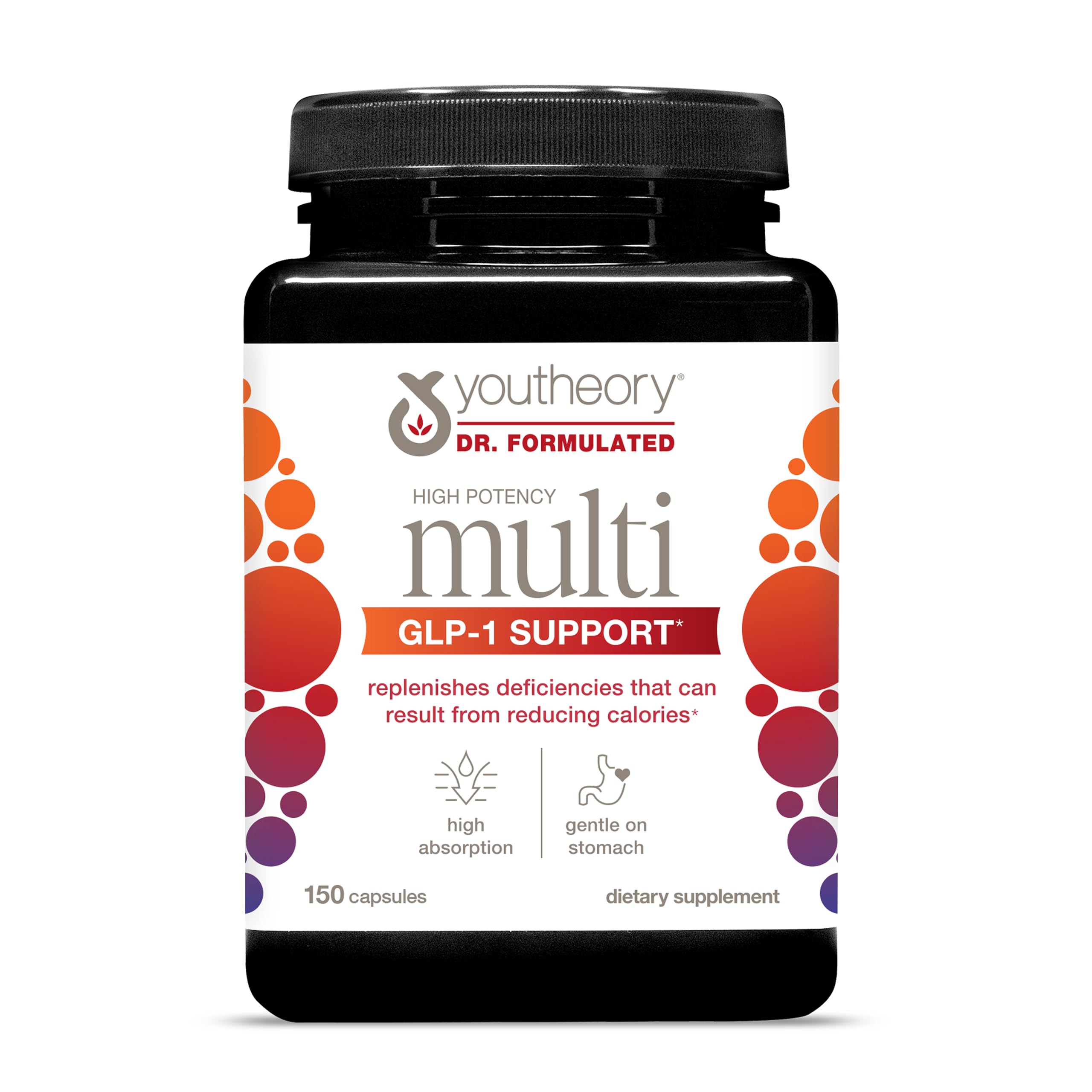 Youtheory High Potency Multi GLP-1 Support bottle front promotes immune support and bone health.