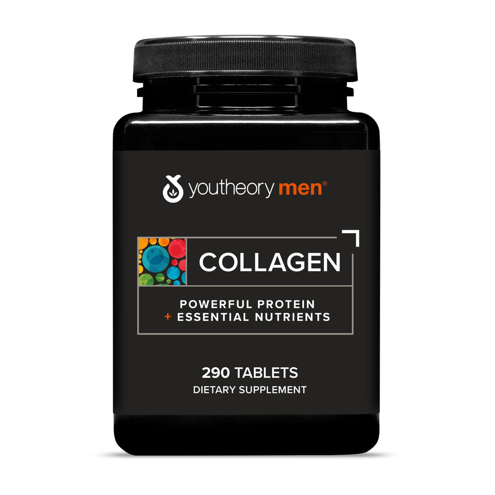 Youtheory Men's Collagen 5000mg bottle front promoting joint support