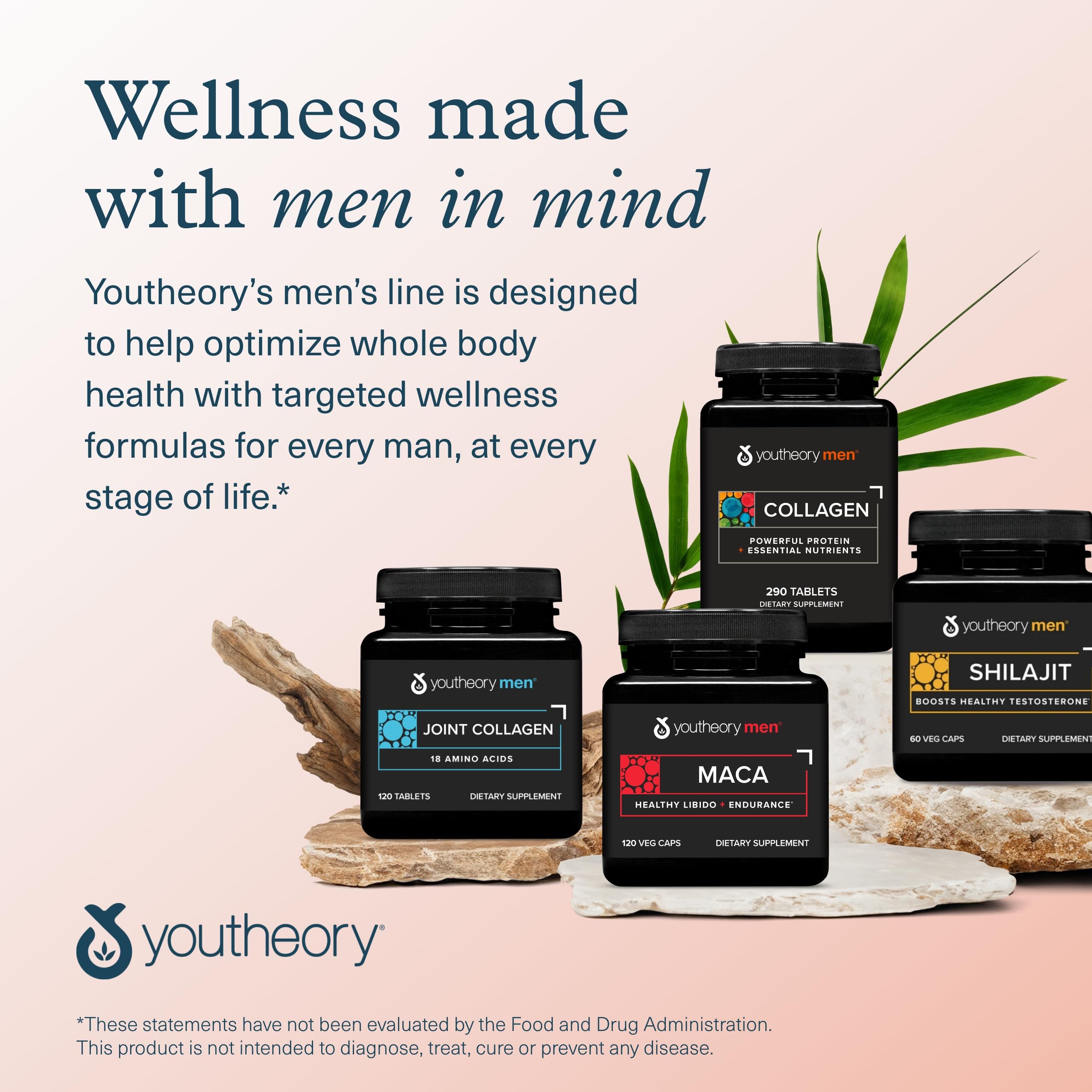 Youtheory Men's Collagen daily-use scene with bottle and glass for routine wellness
