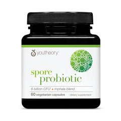 Youtheory Spore Probiotic bottle with 60 vegetarian capsules for gut health.
