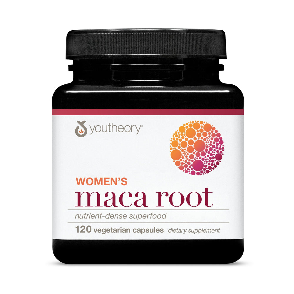 Youtheory Women's Maca Root bottle highlights vegan energy support