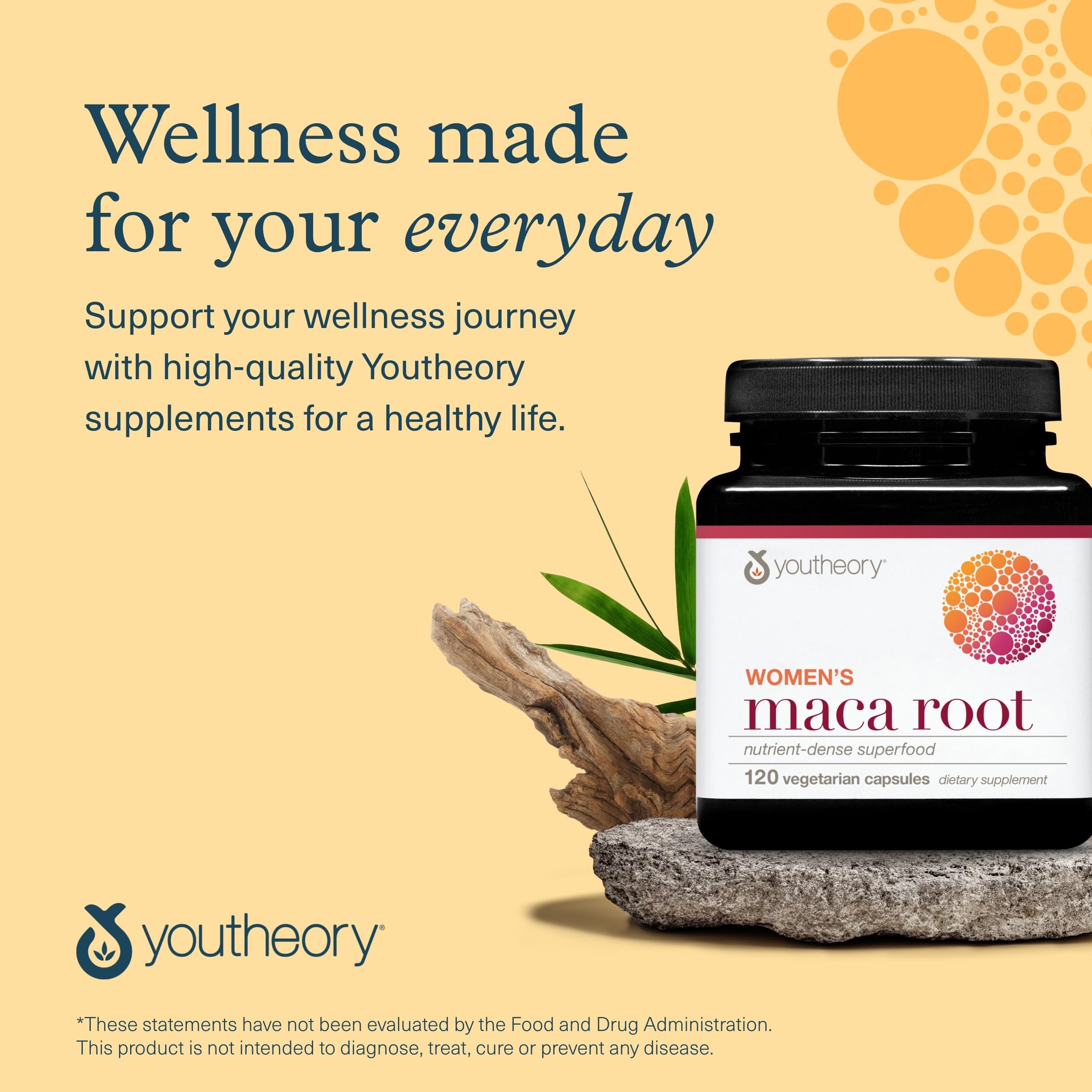 Youtheory Women's Maca Root wellness setup evokes balanced lifestyle