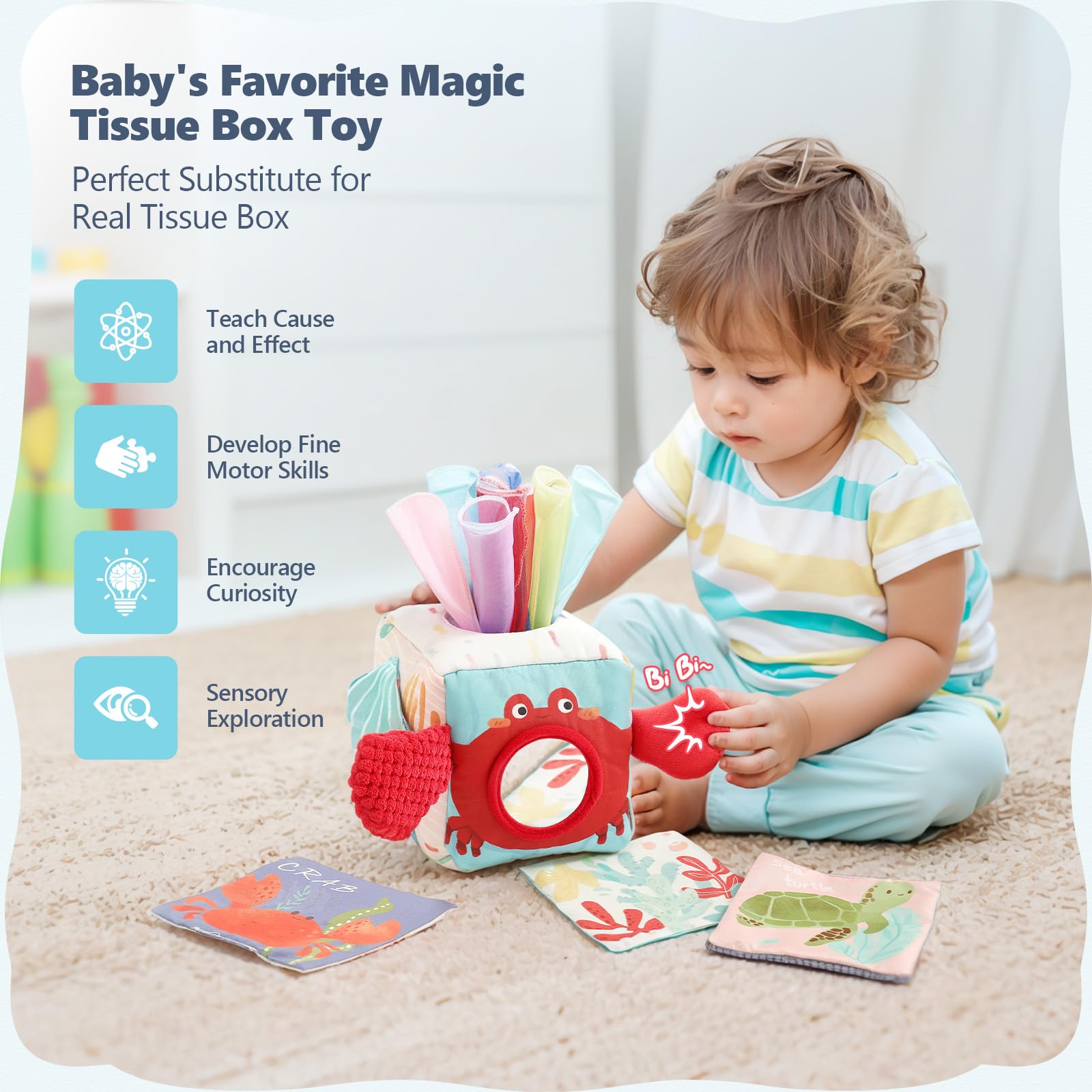 Youuys Ocean tissues with sounds encourage auditory and fine motor play.