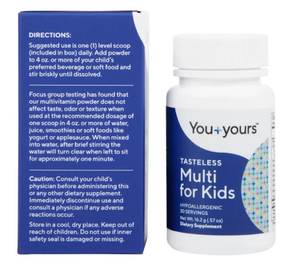 You+yours tasteless multivitamin powder in kid-friendly jar for easy dosing