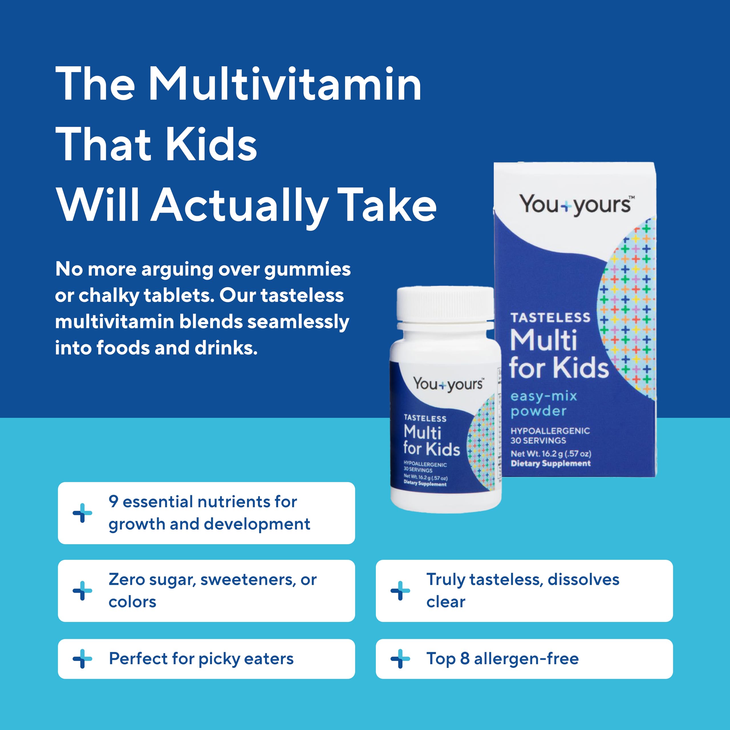 You+yours tasteless multivitamin powder mixed into beverages preserves flavor