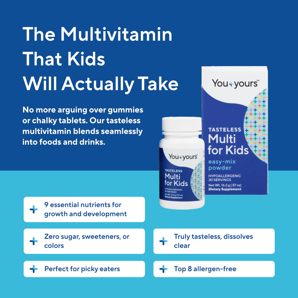 You+yours tasteless multivitamin powder mixed into beverages preserves flavor