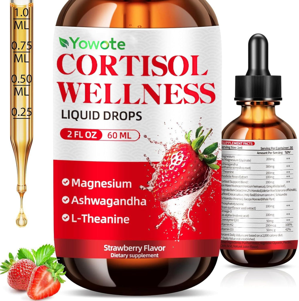 YOWOTE cortisol-support bottle with strawberry flavor promotes daily calm and balance.
