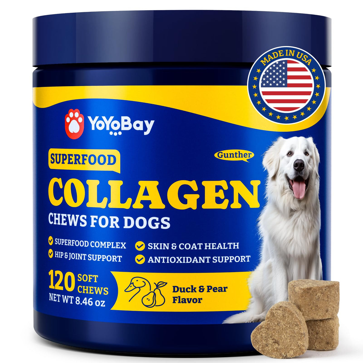 YoYoBay Collagen for Dogs bottle front promoting daily joint and skin support.
