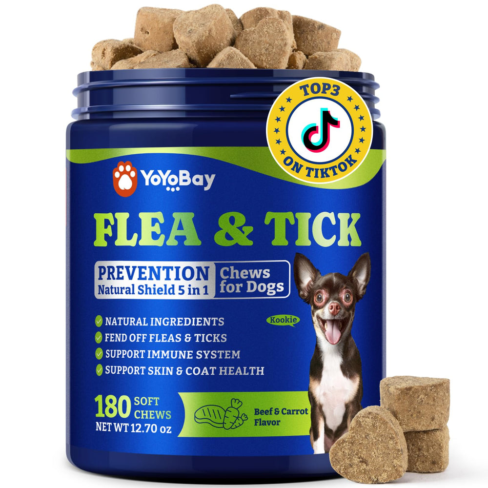 YoYoBay flea-tick chews bottle highlights daily protection for dogs