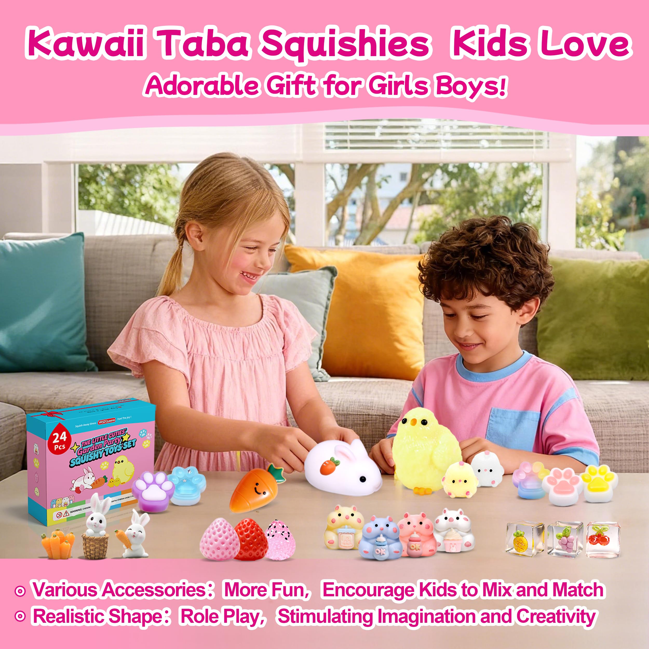 YRSDQueenA pet garden party scene with kawaii squishies for sensory fun.