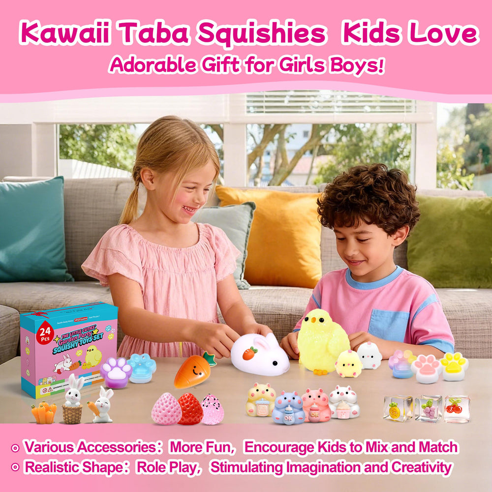 YRSDQueenA pet garden party scene with kawaii squishies for sensory fun.