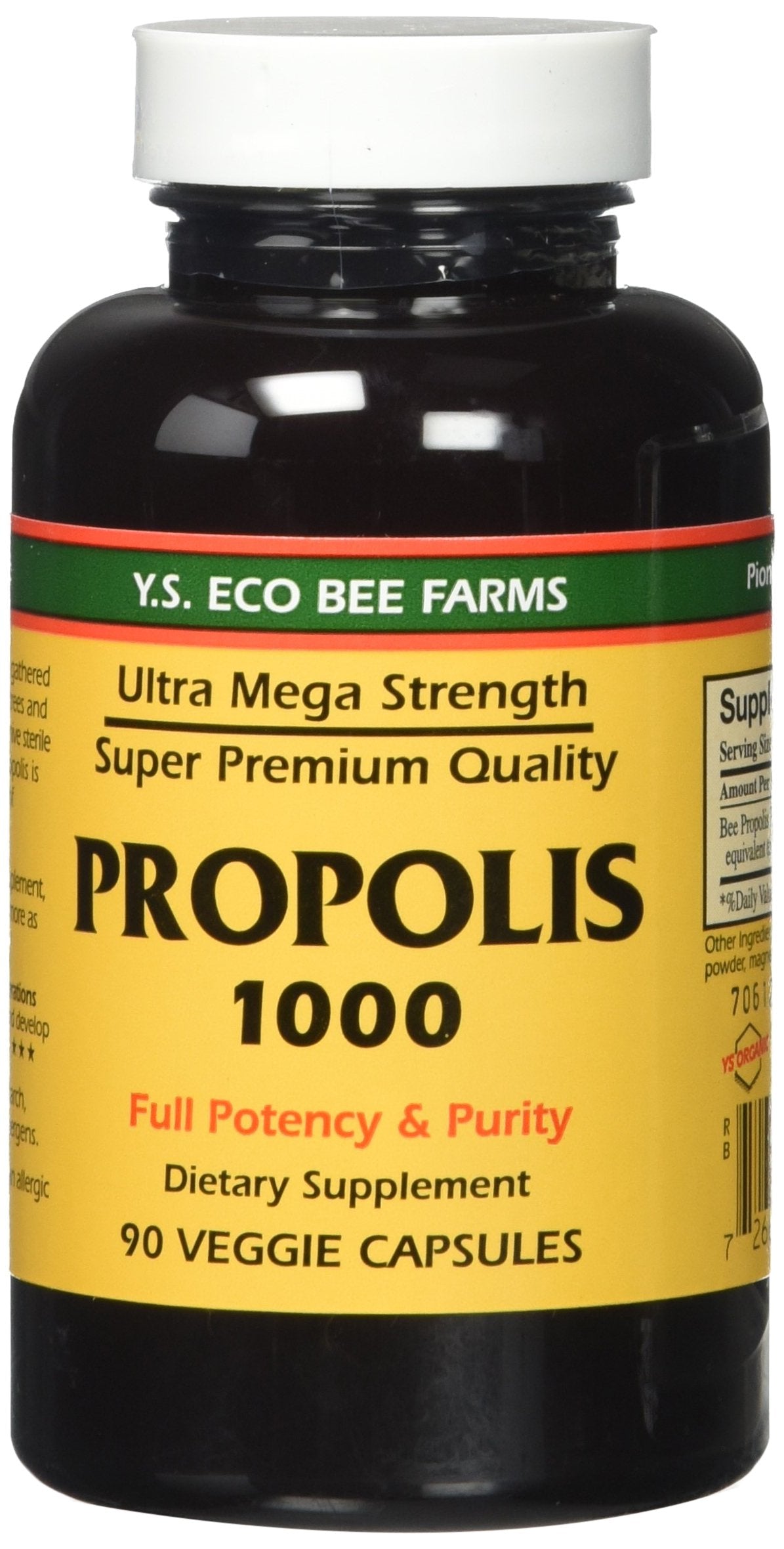 YS Eco Bee Farms Propolis Raw 1000mg bottle shows full potency and purity for daily use.