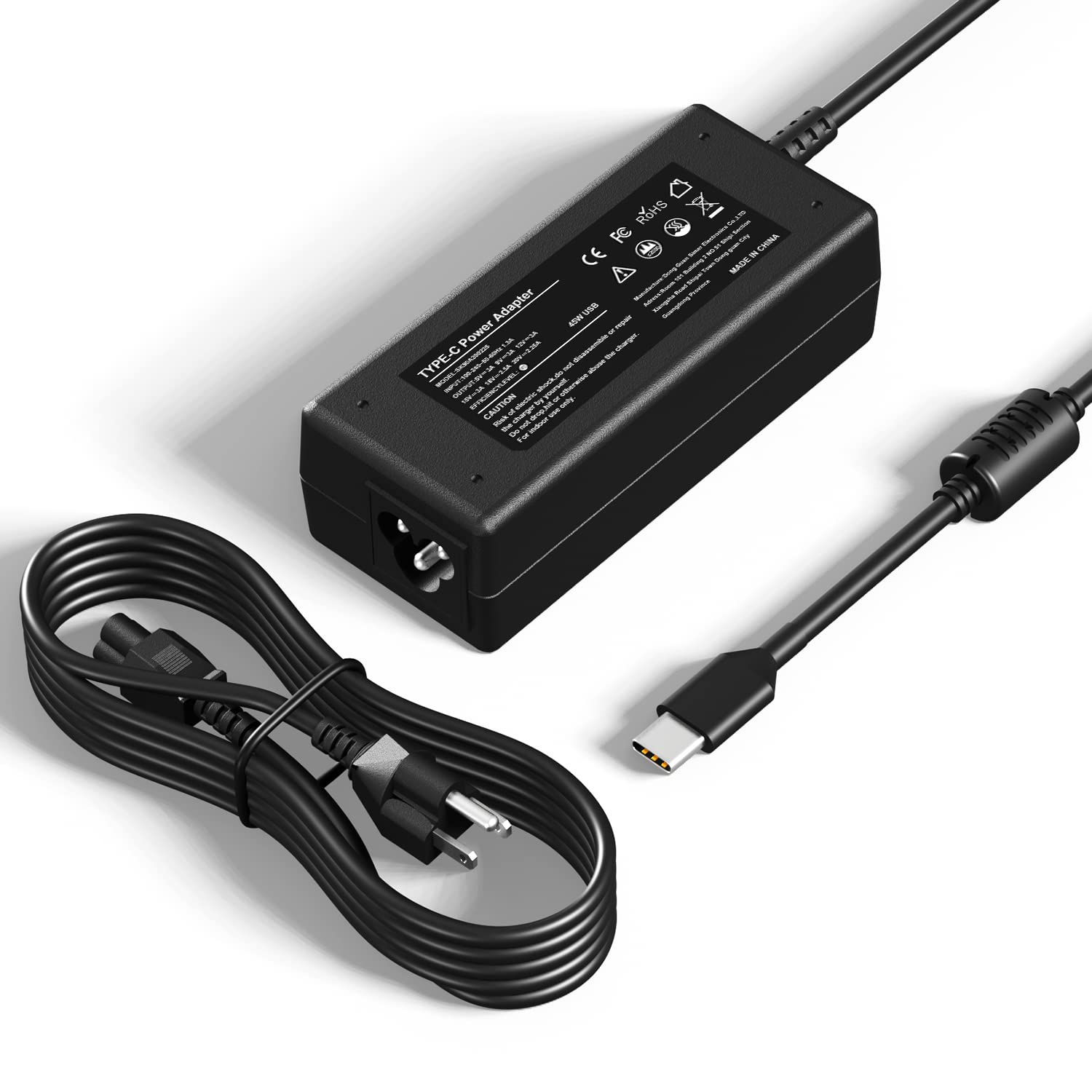 YTech 45W USB-C Chromebook charger front view highlights fast PD charging