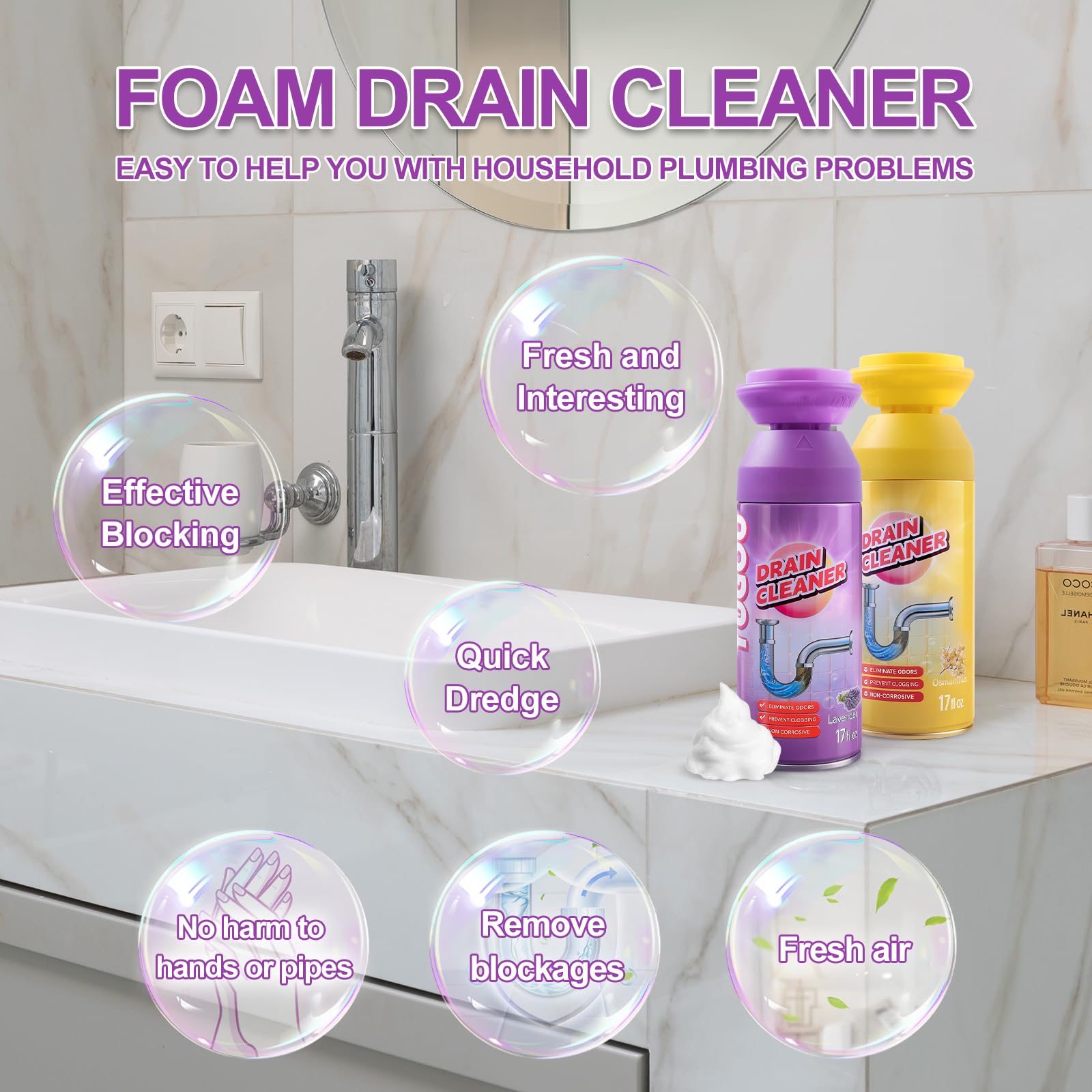 Close-up of Yugou foam action cleaning drains effectively.