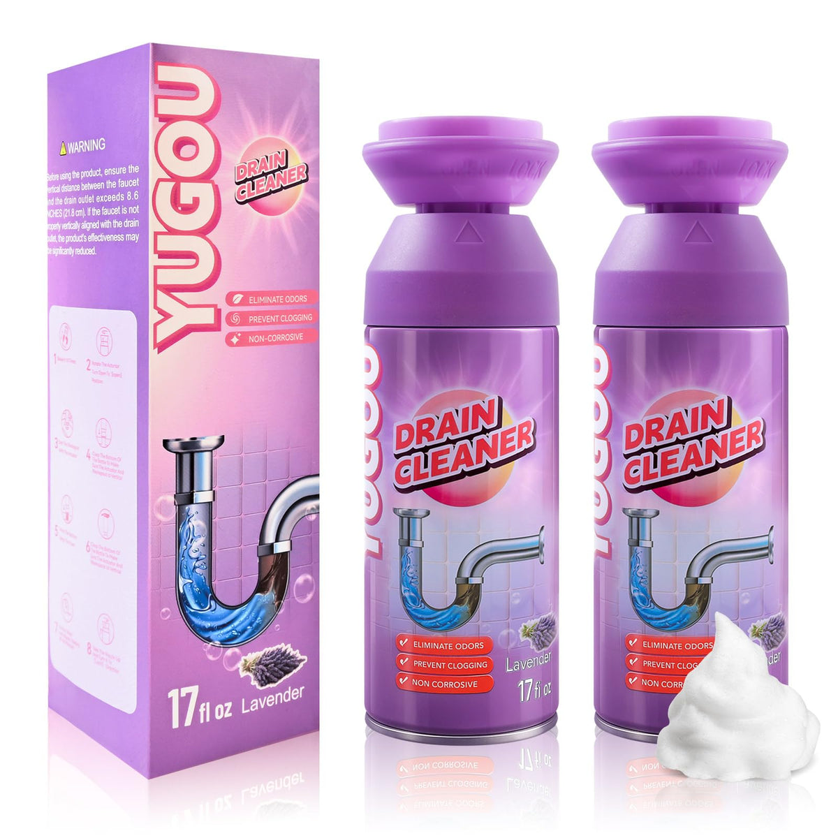 Yugou Foaming Drain Cleaner at a kitchen sink clears clogs and refreshes air.