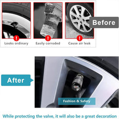 YUIQIEUY four-pack tire valve caps highlighting universal 8V1 thread compatibility.