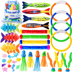 YUJUN 35PCS pool diving toys set with bright fish for easy underwater visibility.