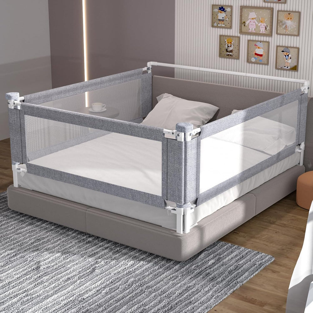 Yulongtengfei king bed rail fully assembled on a king bed for safe toddler sleep.
